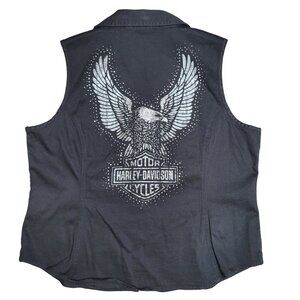 Harley Davidson Vest Womens Black Denim Full Zip Studded Eagle Rhinestone motorc